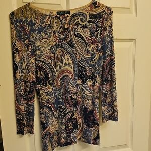 Ralph Lauren Blue Tan Fitted 3/4 Sleeve Blouse